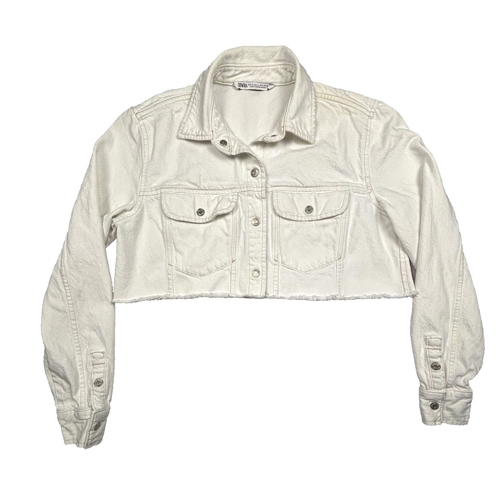 Zara Jacket Womens Medium White‎ Denim Cropped Raw Hem Trucker Style 8197 M